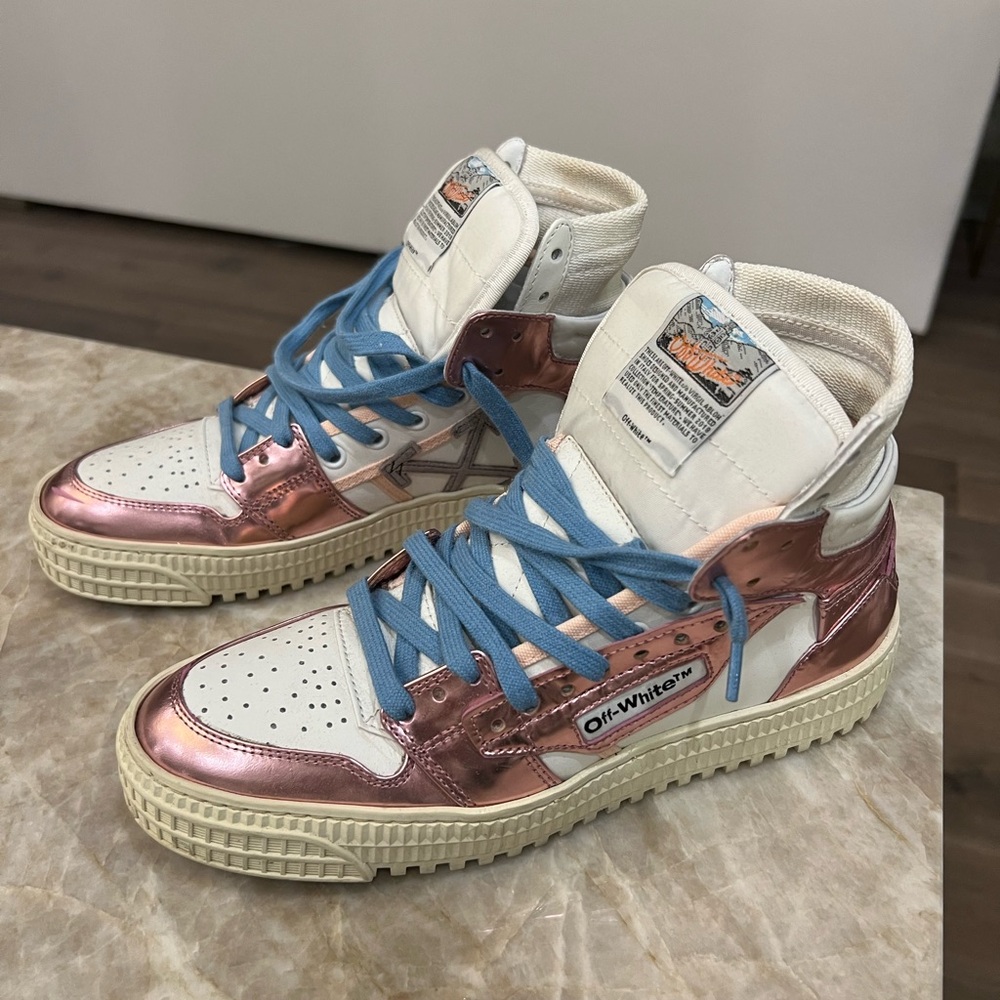 Off-White Pink and White High-Top Sneakers